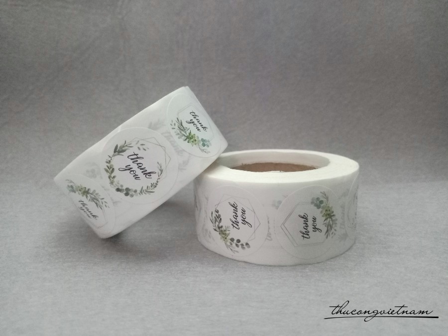 Sticker tròn dạng cuộn - Thank you lá xanh